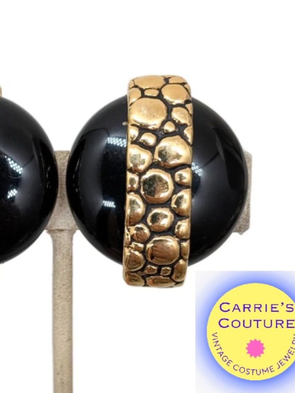 Vintage 1980s Signed Givenchy Goldtone & Black Resin Clip Earrings